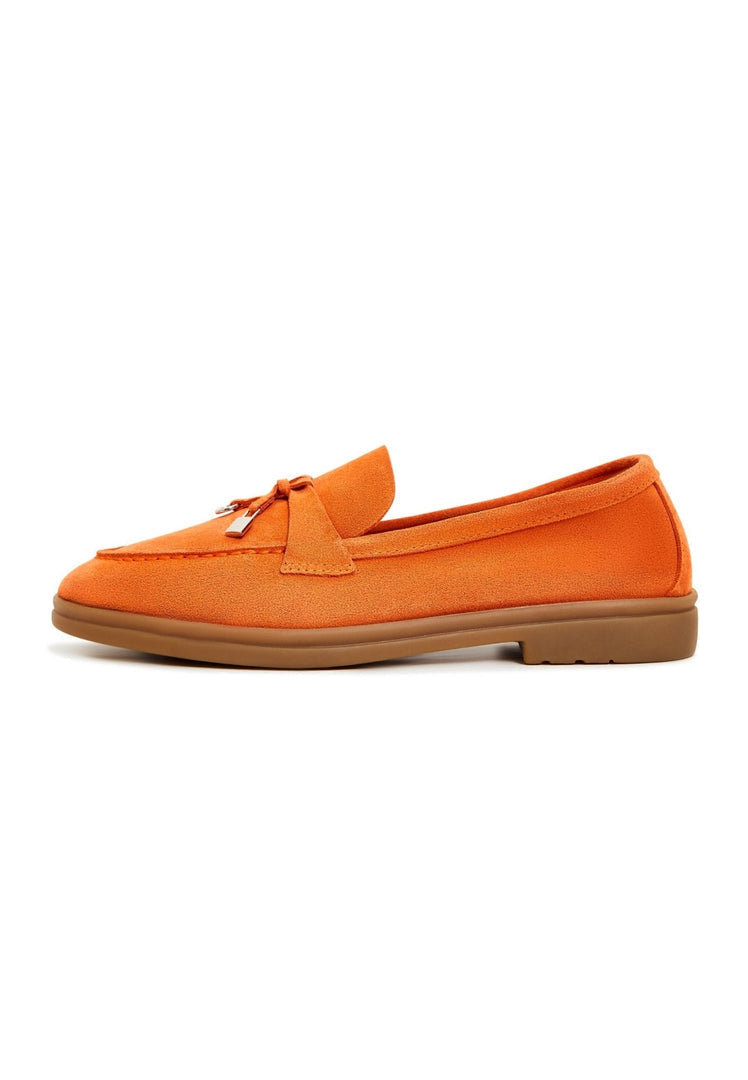A pair of stylish men's classic loafers in vibrant orange color with a flat sole, perfect for fashion footwear enthusiasts.