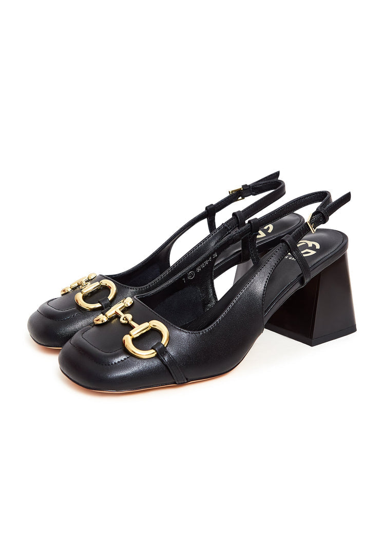 A stylish pair of black Anais block heel pumps for women, perfect for adding a touch of sophistication with their high heel design.