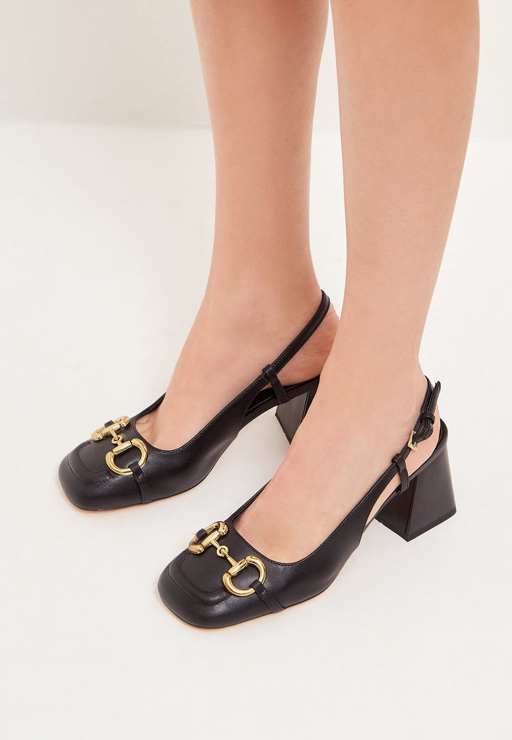 A stylish pair of women's high heel pumps in black, featuring a block heel design known as the Anais pump.