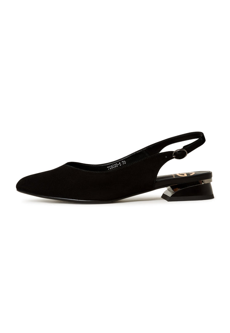 A pair of stylish black suede slingback ballerinas, slip-on ballet shoes with a sleek design, perfect for women looking for comfortable and chic flats.