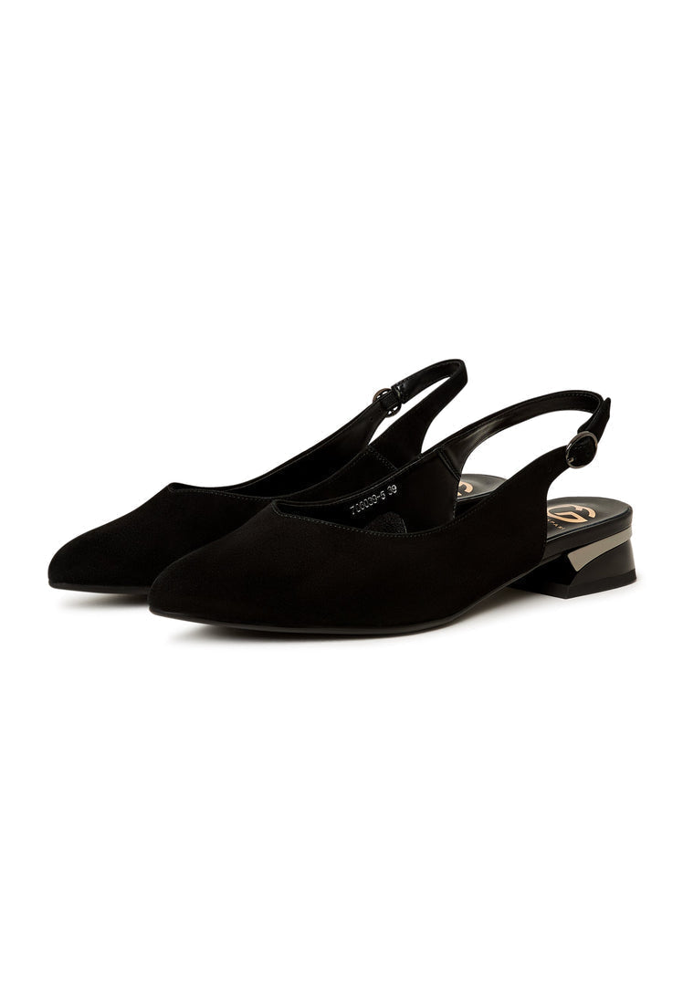 A chic pair of black suede slingback ballerinas, perfect for any woman looking for stylish flats that are comfortable and easy to slip on.