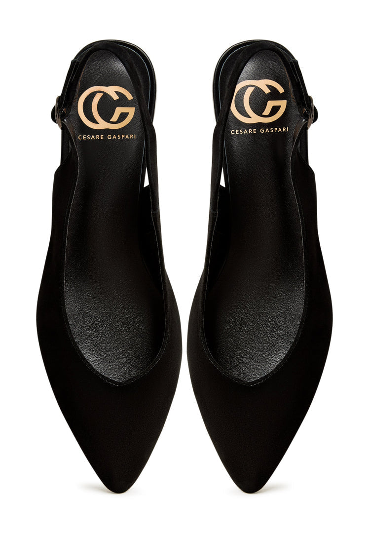 A pair of stylish black suede slingback ballerinas, perfect slip-on ballet shoes for women with a taste for trendy flats.