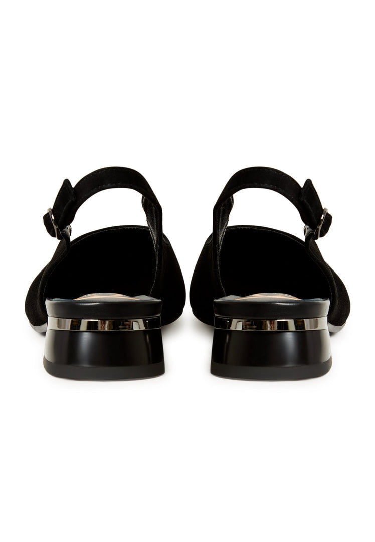 A pair of stylish black suede slingback ballerinas, perfect slip-on ballet flats for women.