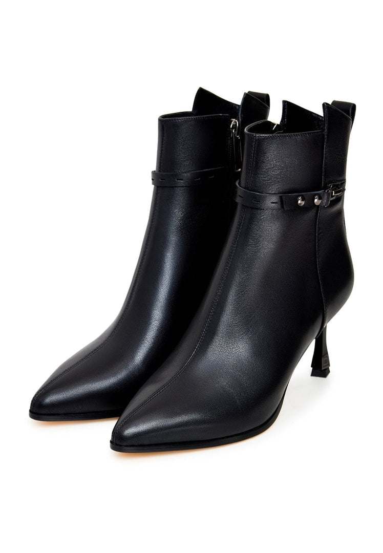 A fashionista's must-have: High heeled leather ankle boots, also known as leather booties, for women. These stylish and fashionable ankle boots are the perfect addition to any outfit.