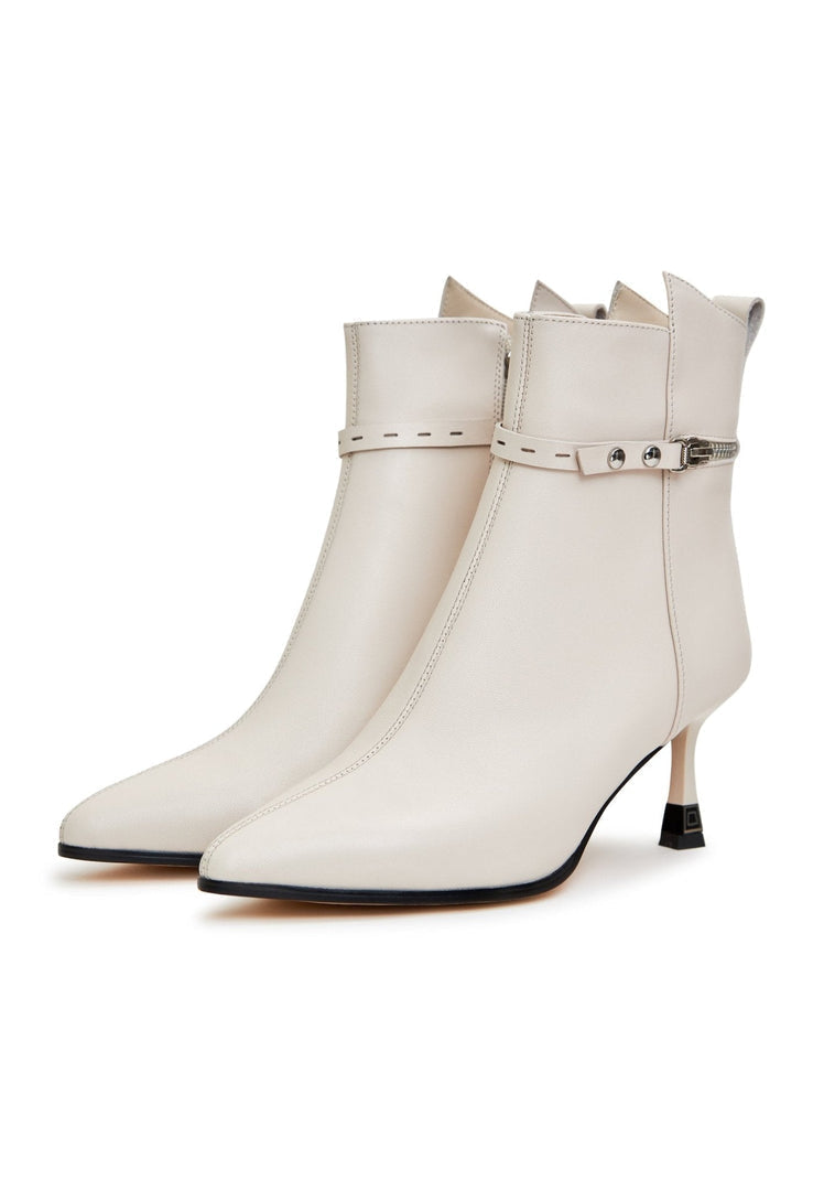 A stylish pair of high heeled leather ankle boots, perfect for any fashionable woman's wardrobe.