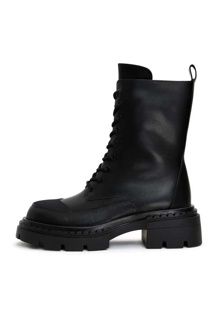 A pair of elegant black lace-up ankle boots, stylish and fashionable footwear.