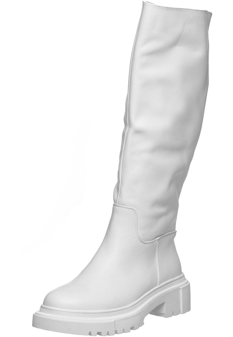 A stylish pair of women's white leather knee high boots, also known as Anastasia knee high boots.