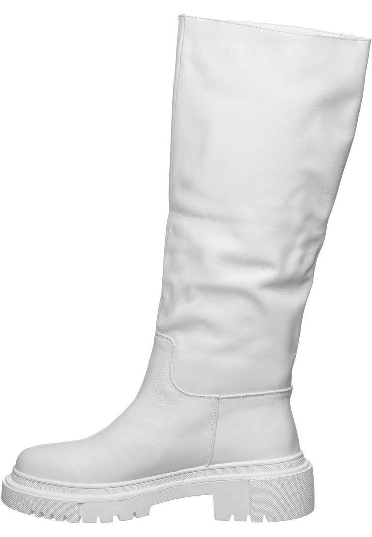 A fashionable pair of white leather knee high boots, known as Anastasia knee high boots, perfect for women seeking stylish leather knee high boots in white.