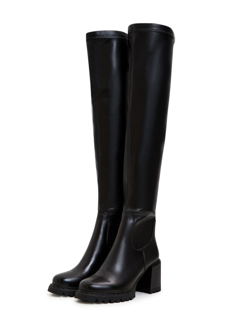 A stylish pair of black over the knee boots with a trendy block heel, perfect for women's fashion footwear.