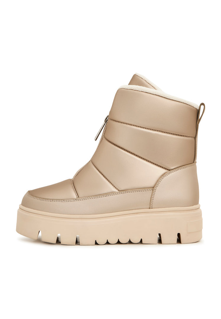 A pair of stylish beige winter boots perfect for snowy weather, featuring elegant and practical design.