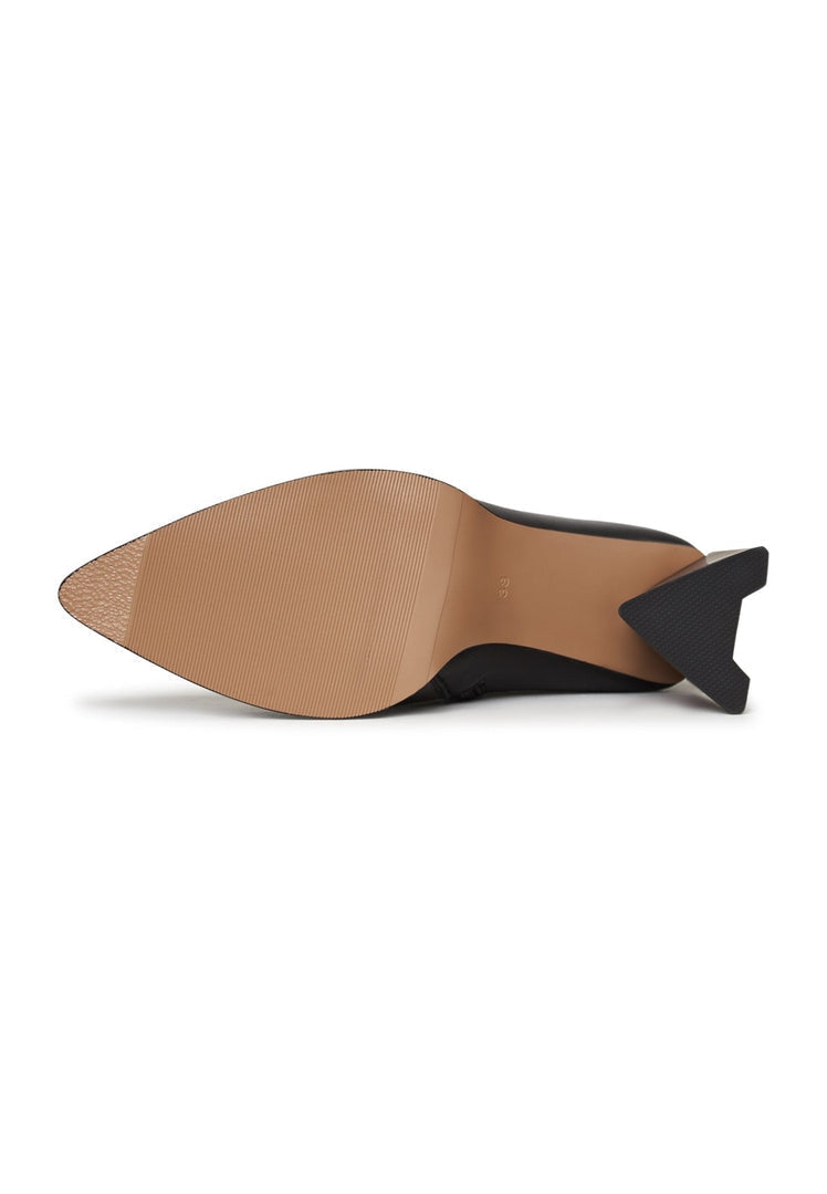 A stylish pair of black leather pointed toe ankle boots with block heels, perfect for any outfit.