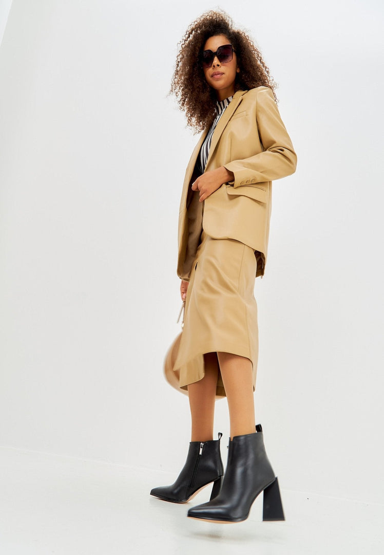 A chic pair of black pointed toe ankle boots with a stylish block heel, perfect for any outfit.