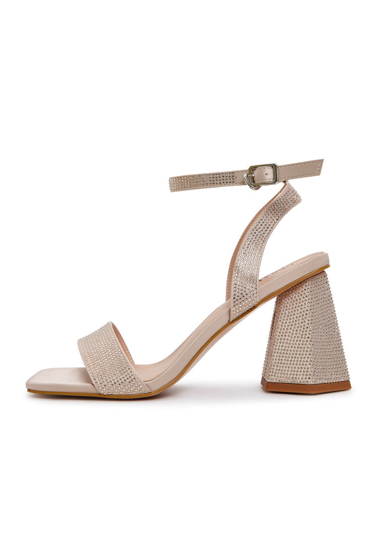 Strappy block heel sandals with dazzling rhinestones in gold, perfect for women looking for sparkly and stylish footwear.