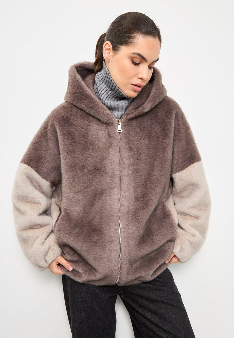 A trendy and chic brown faux fur hooded jacket for women, the Reyna faux fur jacket, perfect for elevating your winter fashion.