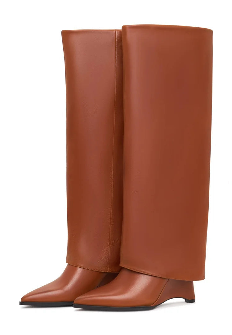 A pair of fashionable brown Milady over the knee-high boots for women, perfect for adding style to any outfit.