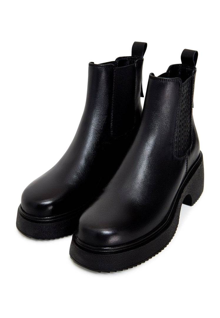 A stylish pair of black leather platform ankle boots for women, featuring high heels and a fashionable design.