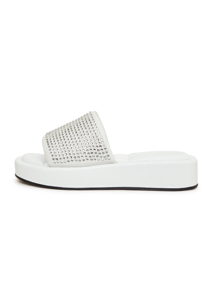 A stylish pair of white platform mule sandals for women, adorned with stunning jewel embellishments, perfect high heel platform shoes for fashionable ladies.