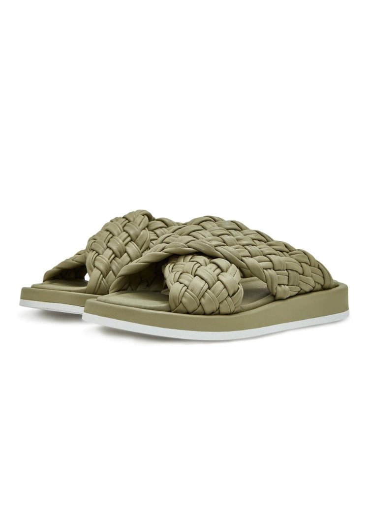 Shop online for stylish olive leather sandals with open tips.
