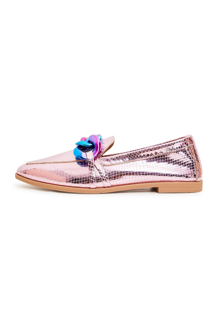 A stylish pair of metallic pink leather loafers with a flat sole, perfect for women's fashion, showcasing a classic style.