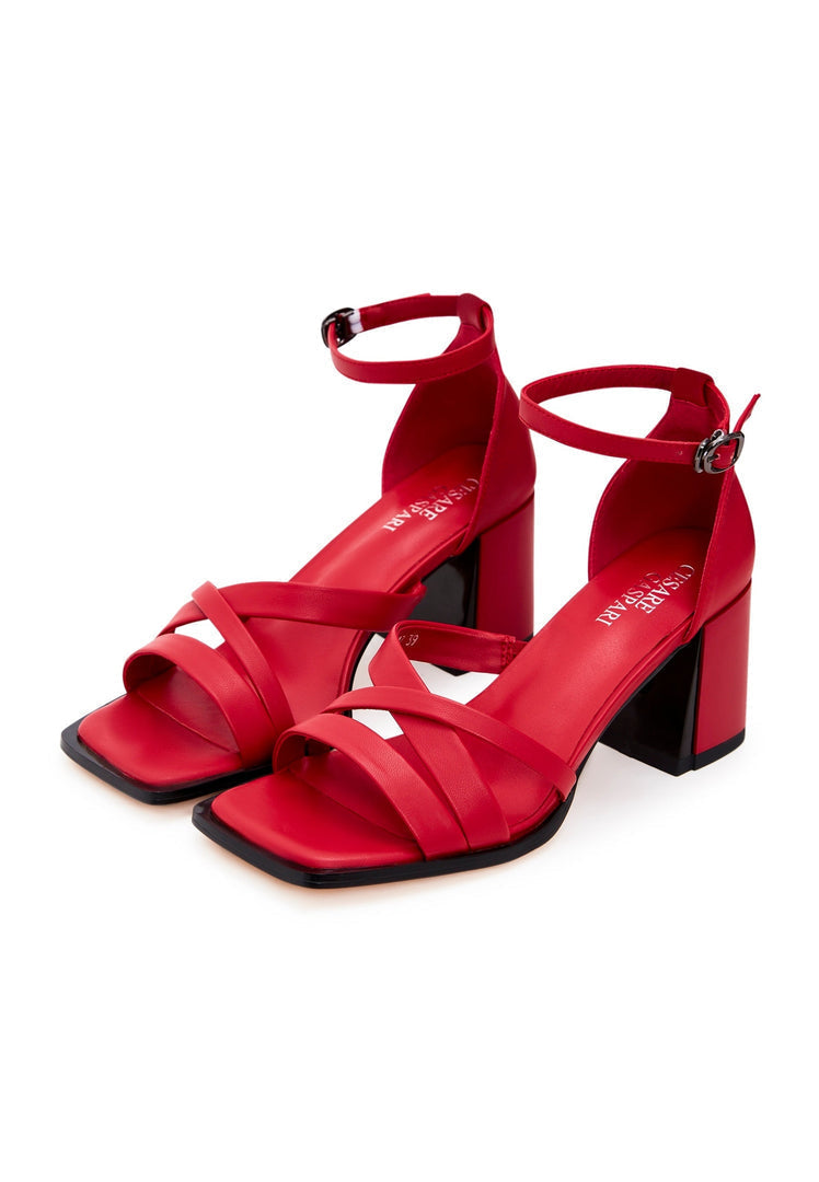 A stylish pair of red leather block heel open toe sandals, perfect for summer, women's footwear.