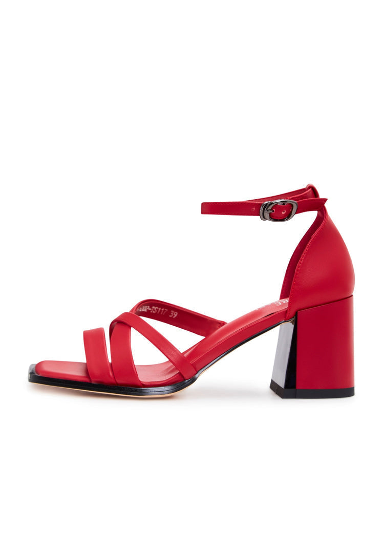 A fashionable pair of red leather block heel open toe sandals, perfect for the summer season - women's footwear.