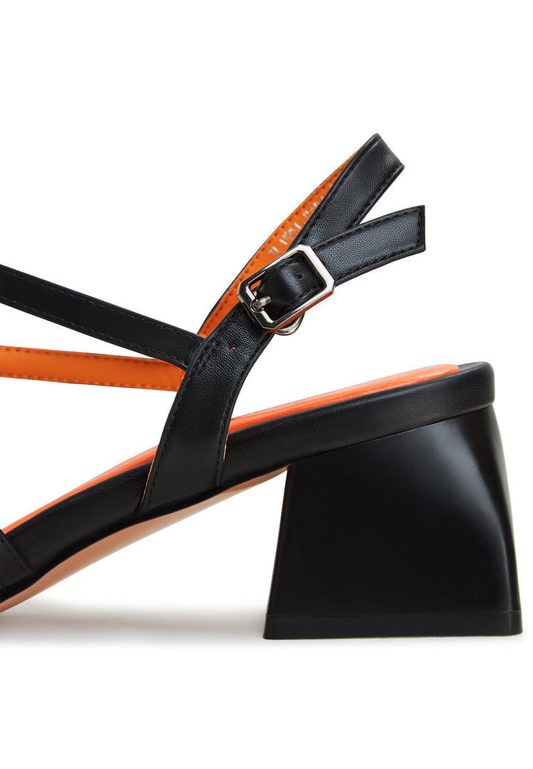 A stylish and chic pair of black block heels sandals by Maria, perfect for women's fashion footwear.