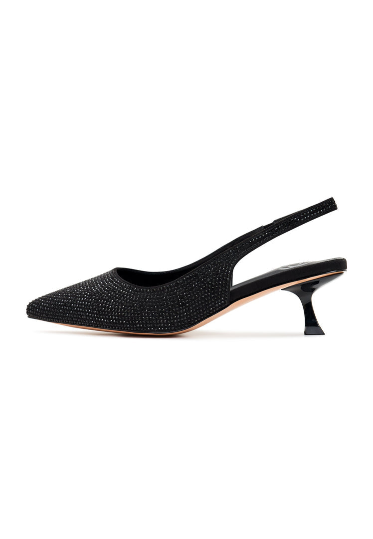 A chic pair of black stiletto pumps, perfect for elevating any outfit with their sleek high-heeled style.