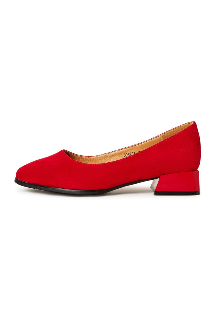 A stylish pair of red Ingrid ballerinas with block heels, perfect for women looking for fashionable and comfortable red block heel flats.
