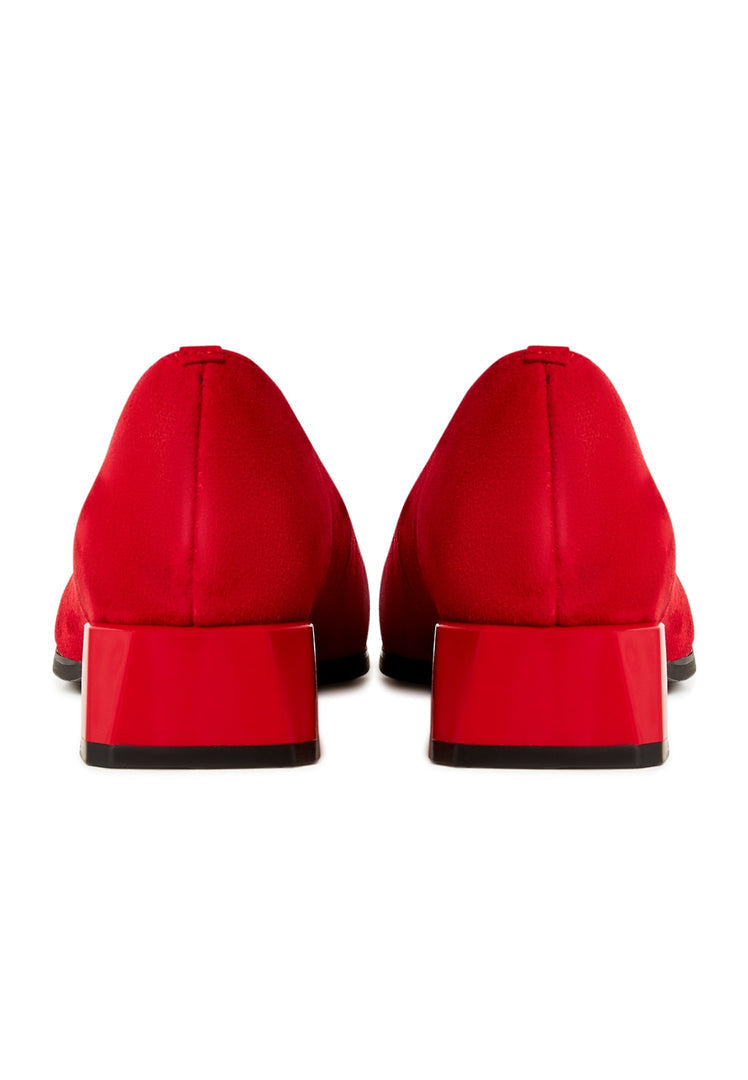 A stylish pair of red block heel ballerinas, the Ingrid ballerinas, perfect for women looking for comfortable yet elegant block heel shoes in red.