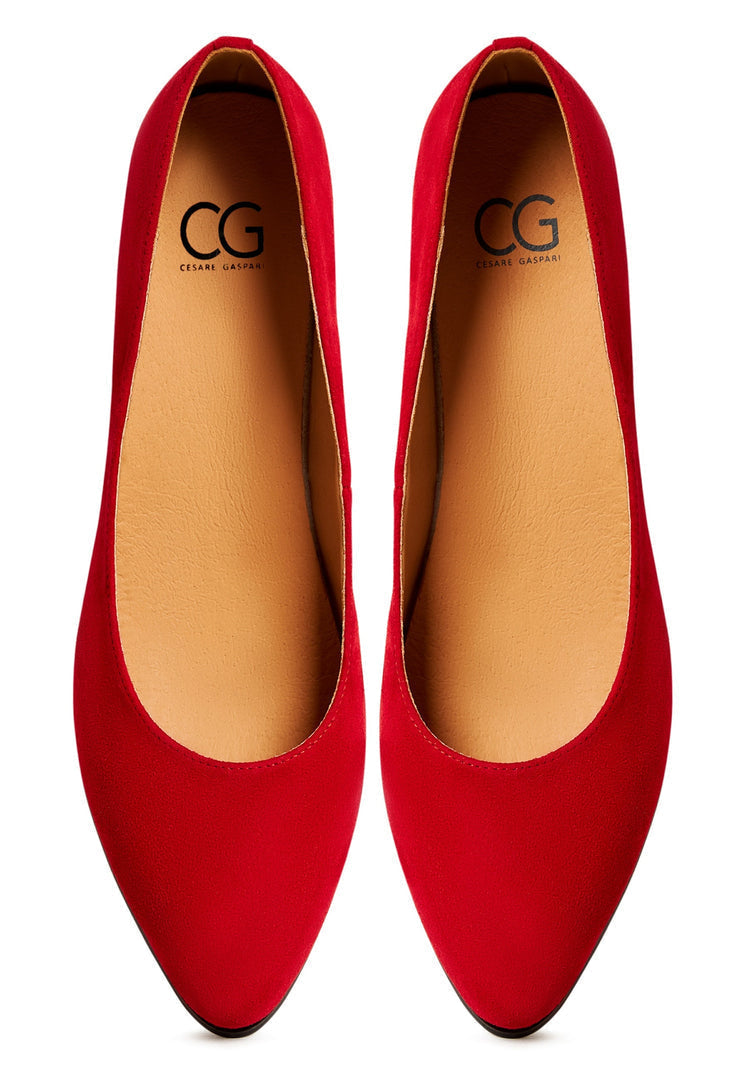 A trendy pair of women's red block heel ballerinas, known as Ingrid ballerinas, ideal for adding a pop of color and style to any outfit.