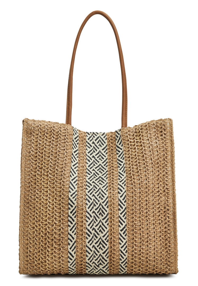 A stylish beach tote bag perfect for summer days by the water, featuring a striped design in shades of blue and white.