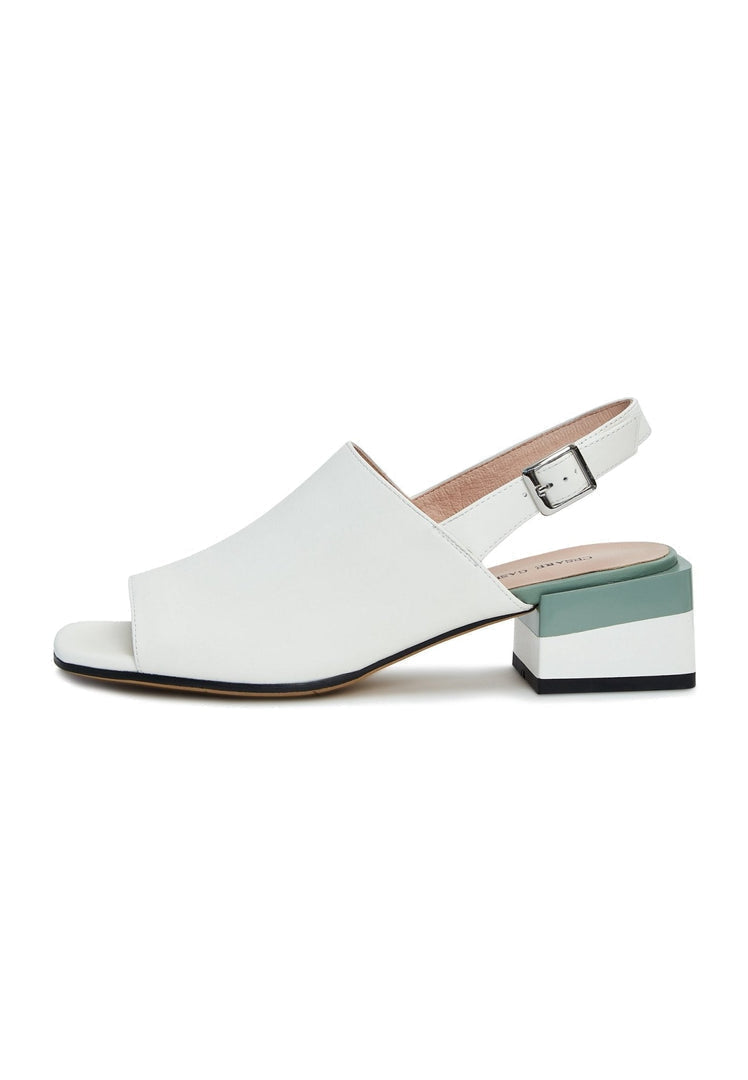 A pair of high-quality women's leather square heel sandals, perfect for summer footwear fashion.