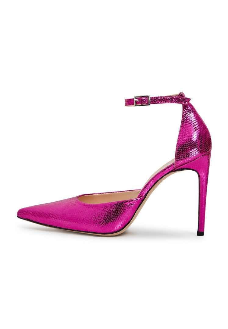 A pair of luxurious and elegant pink stiletto pumps, designer high heel shoes.