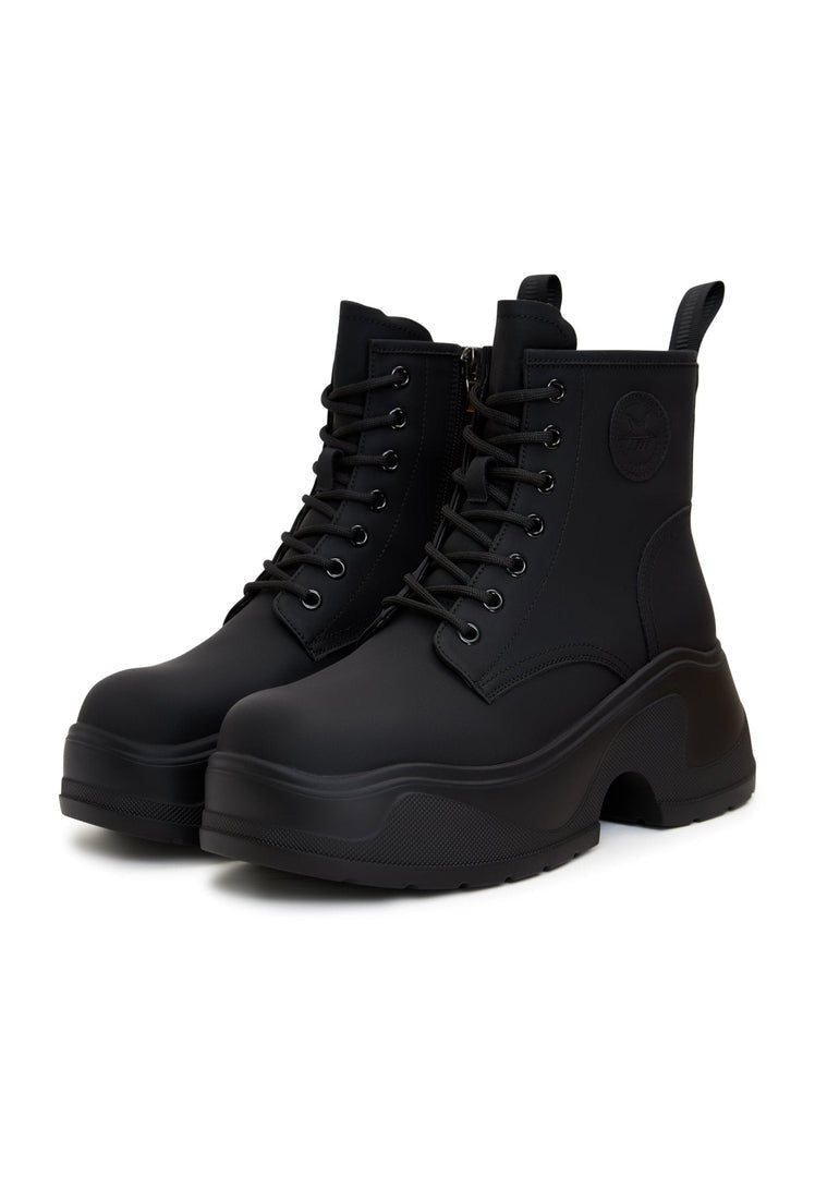 A stylish pair of black platform ankle boots with a chunky heel, perfect for those seeking trendy and fashionable footwear.