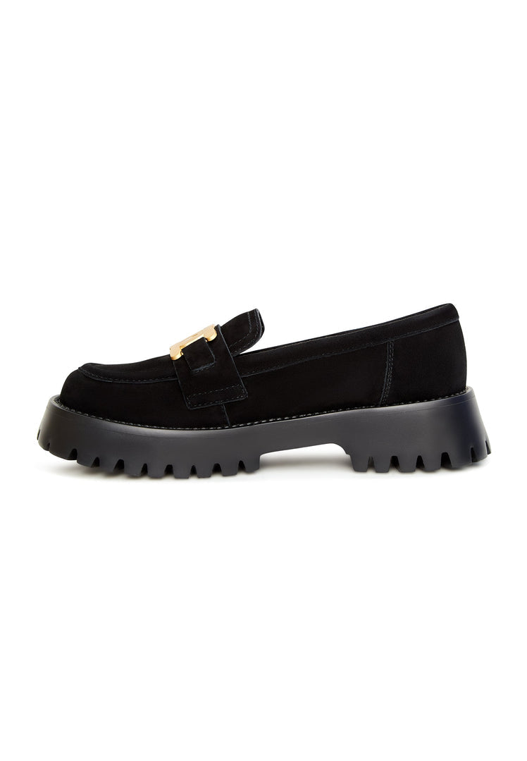 A trendy pair of chunky black loafers with a golden chain detail, made of suede, perfect for stylish footwear fashionistas.