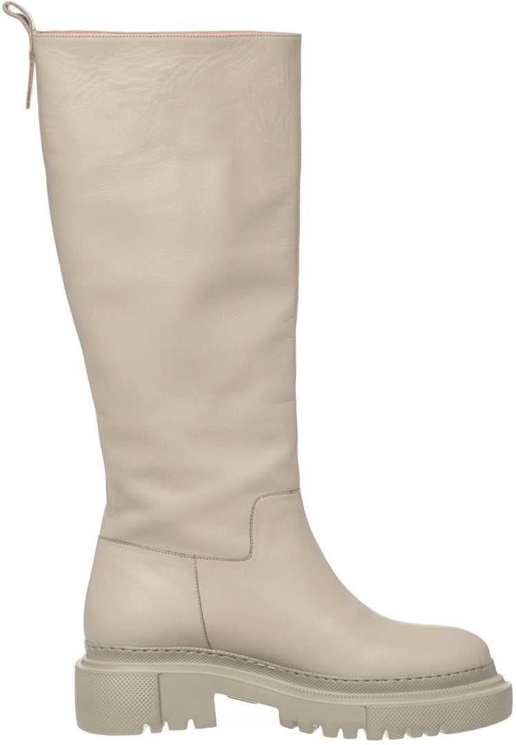 A fashionable pair of tall leather women's boots with chunky soles in a stylish beige color - perfect for the upcoming season's fashion footwear trends.