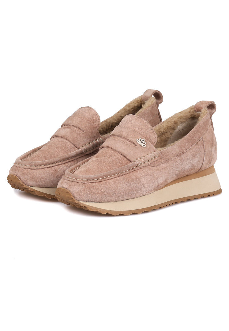 A pair of stylish beige suede platform loafers, perfect for women looking for comfortable and chic footwear.