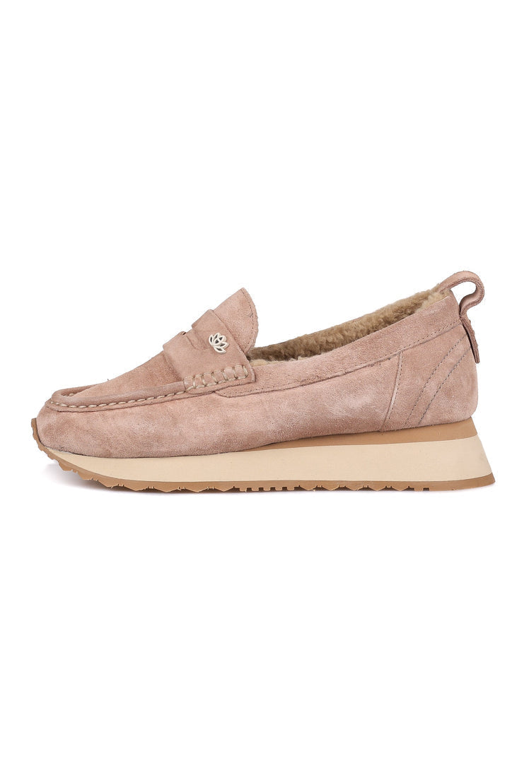 A pair of stylish beige suede platform loafers for women, the perfect combination of comfort and style.