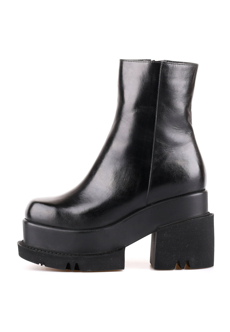 A stylish pair of chunky platform leather ankle boots, perfect for women looking for trendy and comfortable footwear.