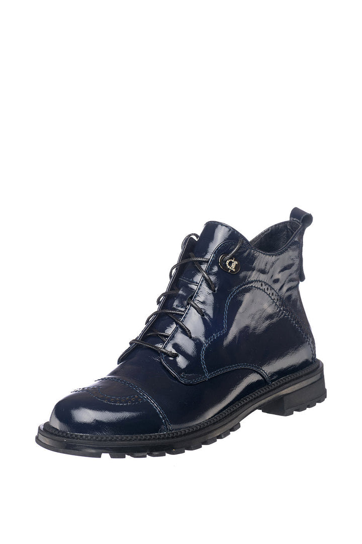 A stylish pair of women's Morgen patent blue lace-up boots with a trendy design.