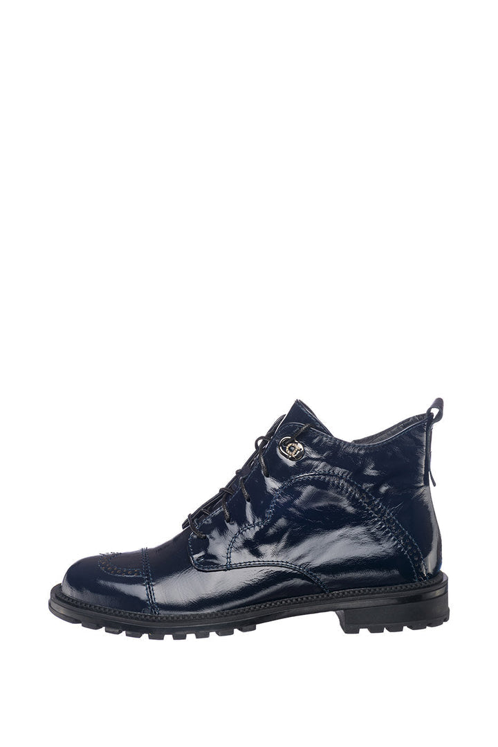 A stylish pair of women's lace-up patent blue Morgen boots perfect for any fashion-forward outfit.