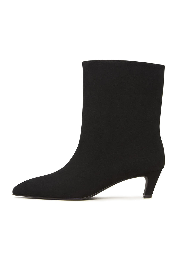 A pair of elegant black kitten heel ankle boots in dolly style, perfect for women's fashion footwear.