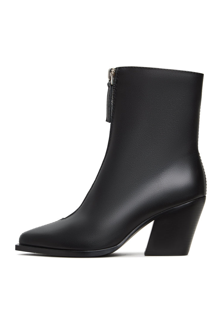 A stylish pair of elegant black zipper heel boots, perfect for fashion-forward women's footwear.