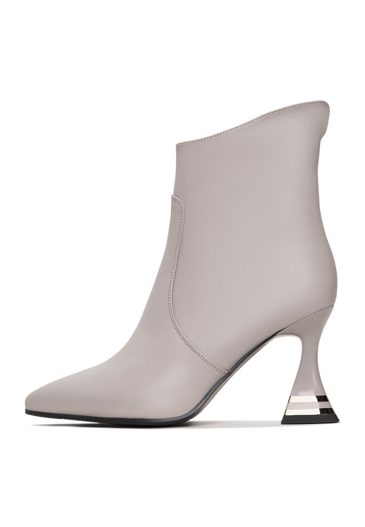A stylish pair of high-heeled Cleo grey ankle boots, the perfect chic footwear for women's fashion.