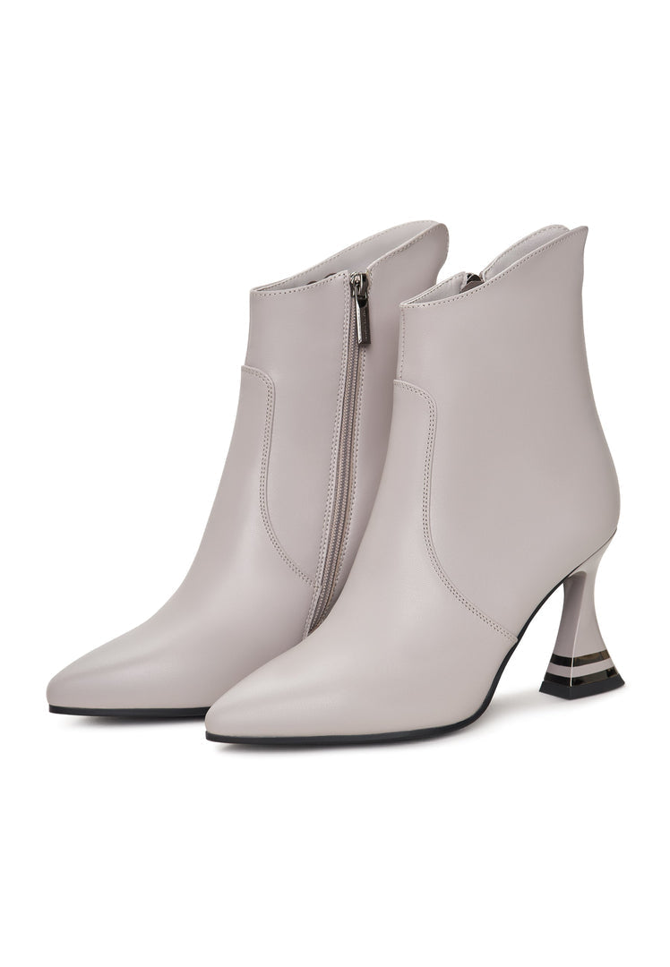 A stylish pair of high-heeled Cleo grey boots, perfect for chic women's fashion.