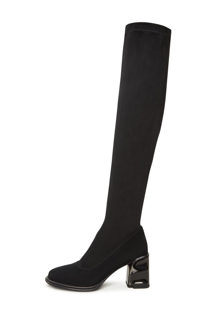 A pair of high-quality black suede shoes, perfect for a sophisticated and elegant look with a black dress.