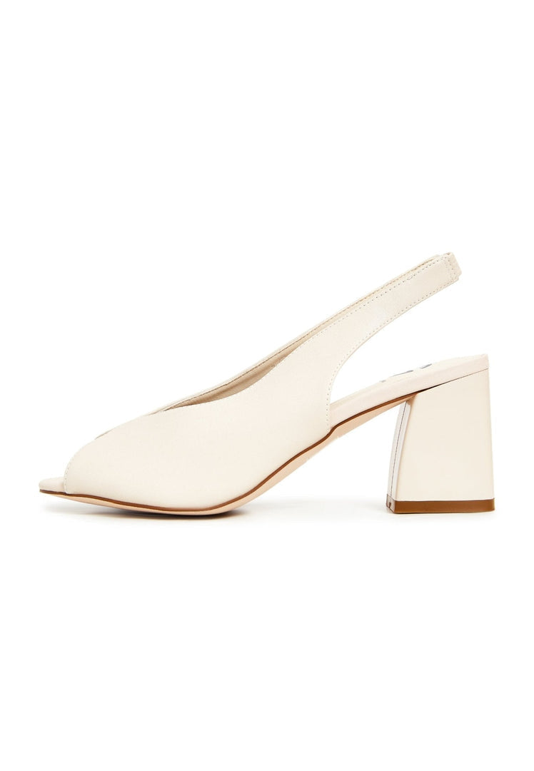 A pair of trendy block heel leather sandals in classic beige, a staple in women's fashion footwear, crafted from high quality leather materials.