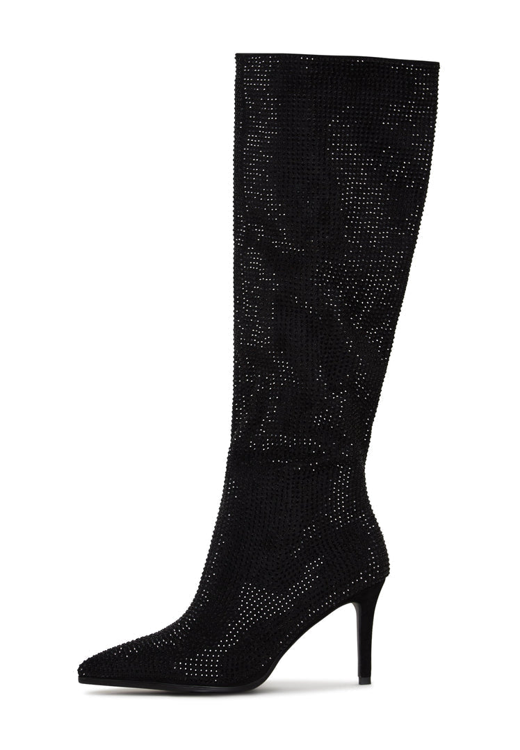 A stylish pair of Knee High Jewel Stiletto Boots in black, also known as Mili Black Boots, perfect for women looking for fashionable and trendy Women's Stiletto Boots.