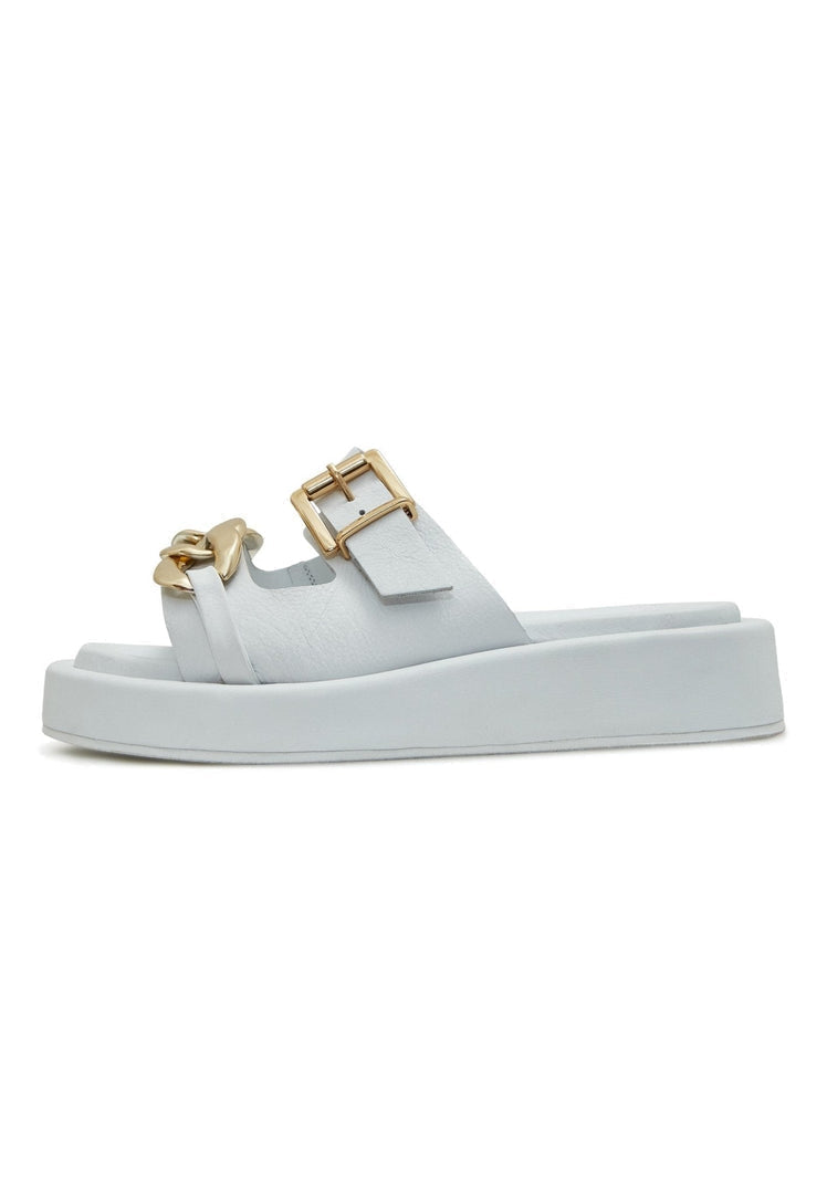 A close-up image of women's white leather sandals with a stylish chain design, perfect for summer footwear fashion.