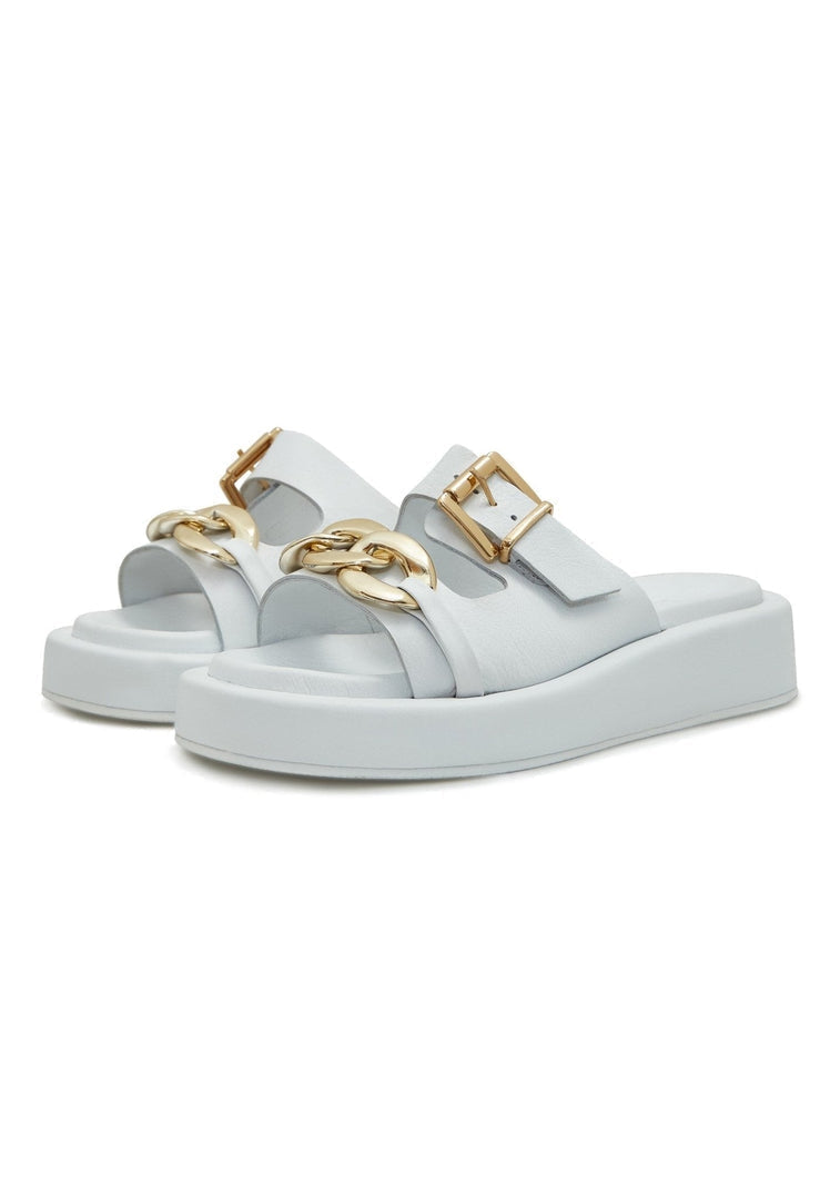 A pair of stylish white leather chain sandals, perfect for summer, ideal for women's footwear fashion.